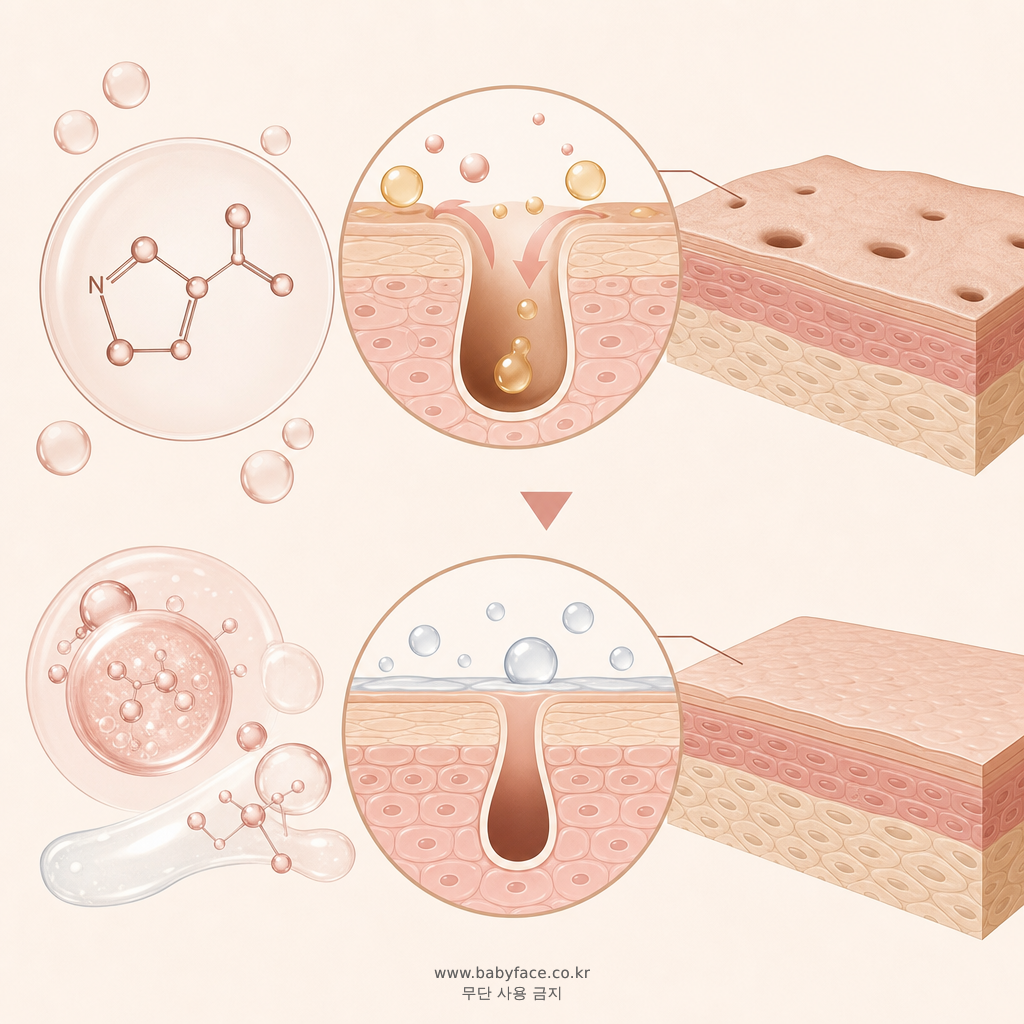 모공 줄이는 법에 추천되는 나이아신아마이드 성분의 피지 조절 및 수분 개선 작용 일러스트