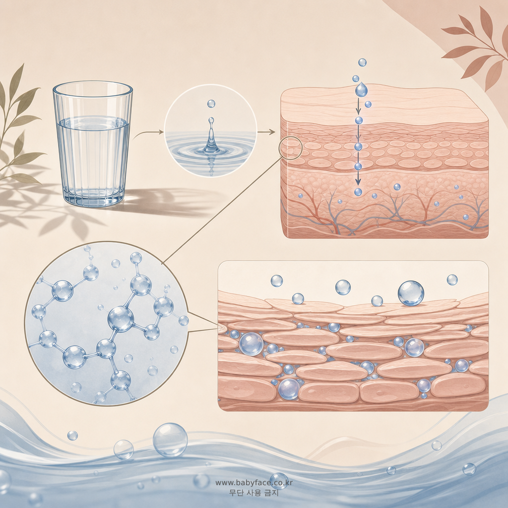 물 섭취와 판테놀, 글리세린의 피부 보습 및 장벽 강화 작용 일러스트