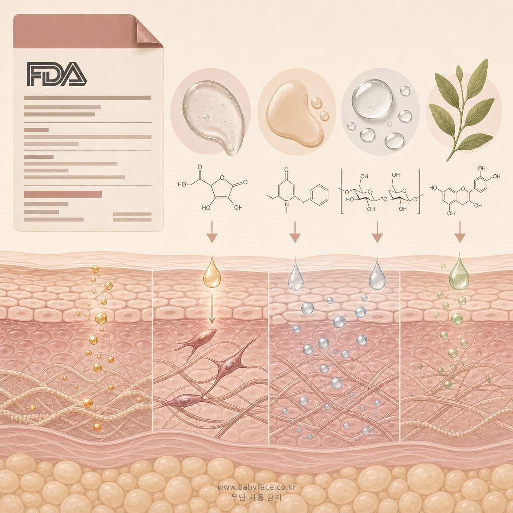 미국 FDA 화장품 라벨의 주요 항목, 나이아신아마이드 성분, 피부 장벽 강화 작용을 묘사한 일러스트