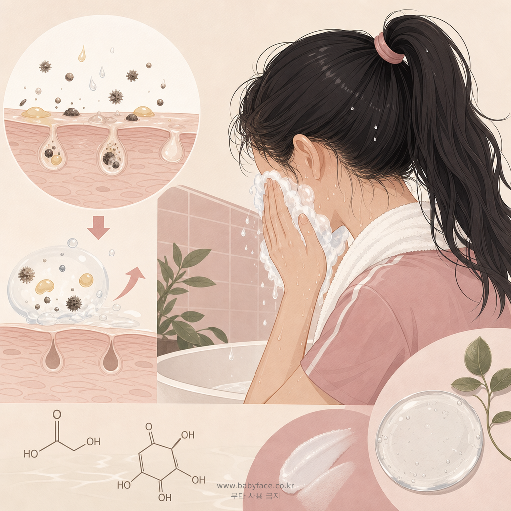 운동 후 클렌징에 적합한 살리실산이 모공 속 피지 제거에 미치는 영향 일러스트