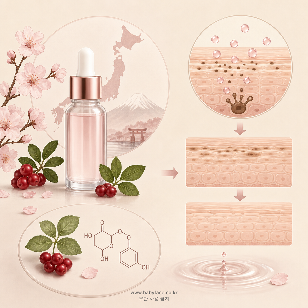 일본 코스메 핵심 성분(나이아신아마이드, 글리세린)의 피부톤 개선 및 보습 작용을 보여주는 일러스트