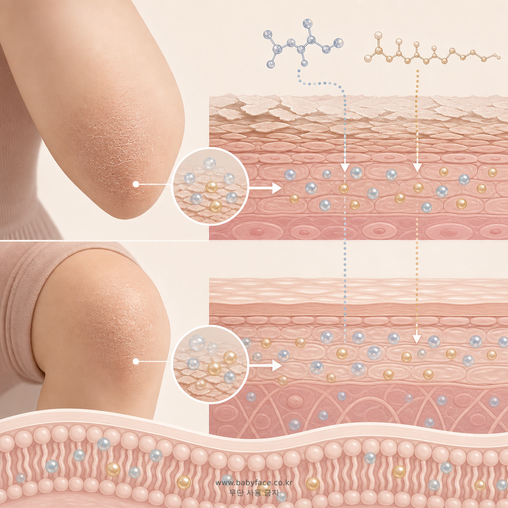 팔꿈치 무릎 각질 케어에 글리세린과 판테놀이 보습 및 피부 장벽 강화에 도움을 주는 원리 설명