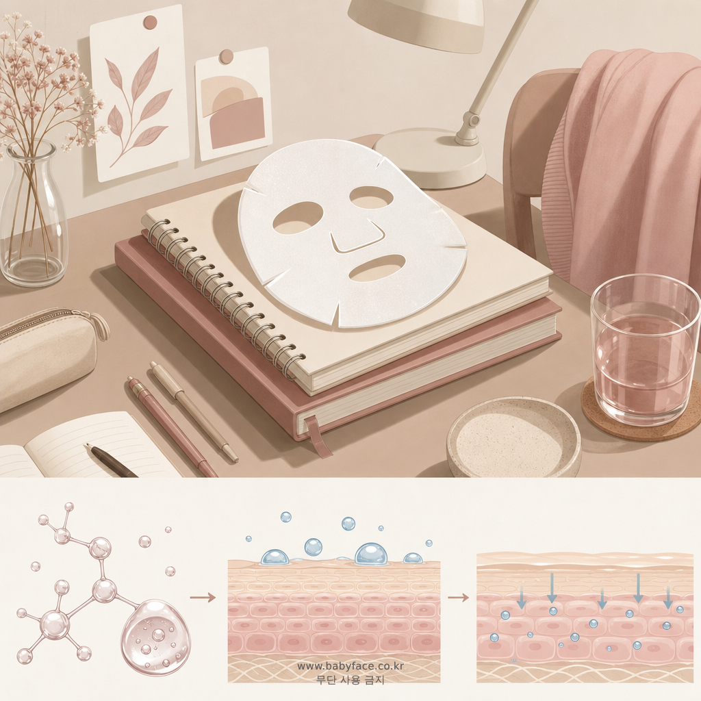 학생 마스크팩 추천 키워드와 판테놀, 글리세린의 보습 및 장벽 강화 작용을 설명하는 일러스트