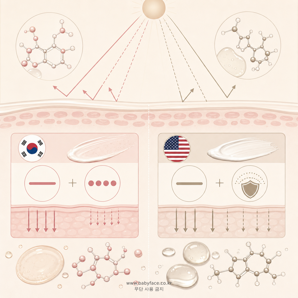한국 미국 SPF 표기 차이와 티타늄디옥사이드의 자외선 산란 작용을 보여주는 에디토리얼 일러스트