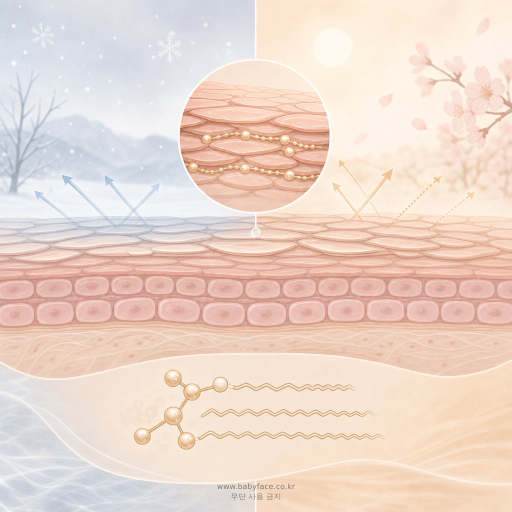 환절기 피부 적응을 돕는 판테놀과 글리세린의 보습 및 장벽 강화 작용 일러스트