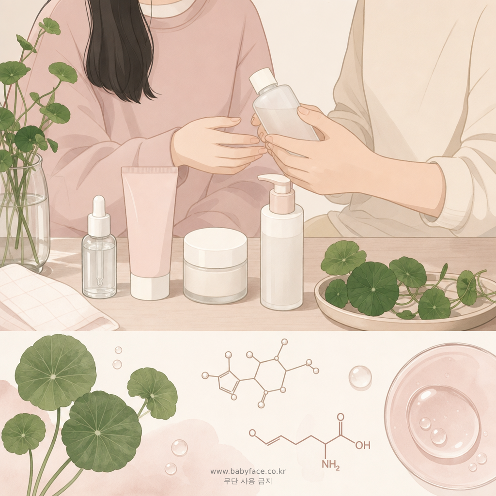 10대 여드름 피부에 나이아신아마이드와 살리실산이 피지 조절 및 각질 완화에 도움되는 메커니즘 일러스트