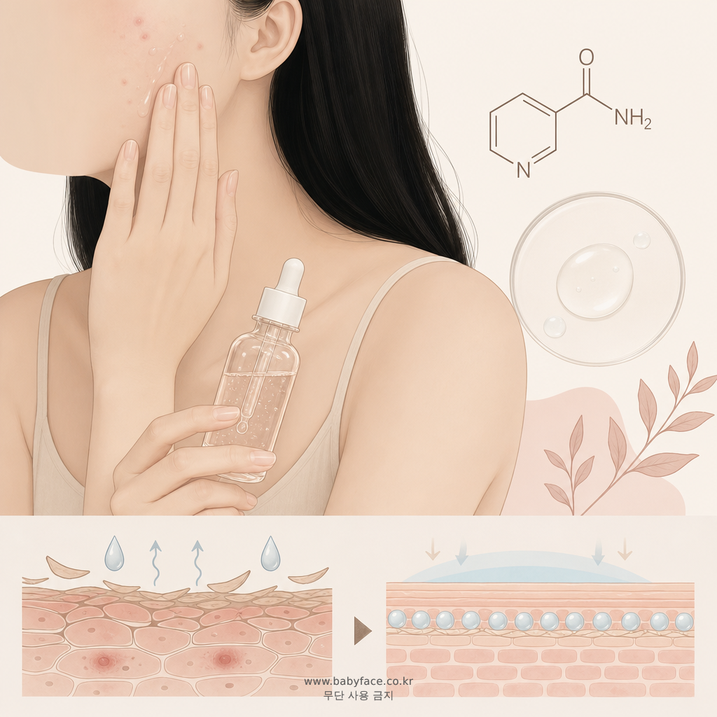 20대 여드름 피부에 나이아신아마이드와 살리실산이 피지 조절 및 각질 케어에 도움을 주는 과정 일러스트