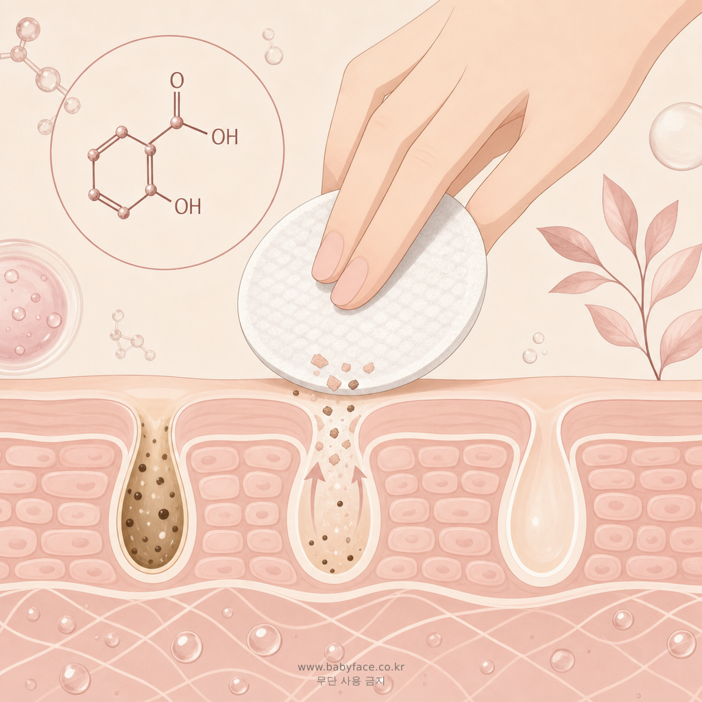 토너패드 모공 케어 메커니즘 AHA BHA 작용 일러스트
